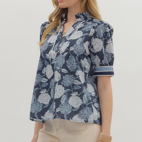 Women's Blue Floral Hydrangea Puff Sleeve Top Entro Size Medium - Picture 5 of 7